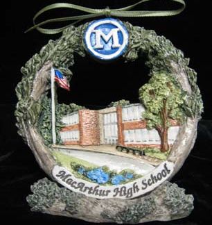 Decatur Macarthur High School Christmas ornament on stand