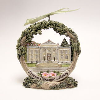 Decatur Carnegie Library Christmas ornament on stand