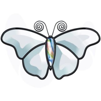 Stylized blue butterfly with curled antennae and a rainbow-colored body in the center of the wings