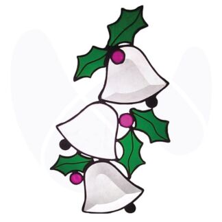 Three white Christmas bells intertwined with green holly leaves and pink berries, arranged diagonally.
