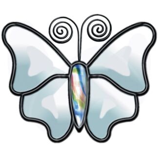 Stylized butterfly with light blue wings and a rainbow iridescent body.