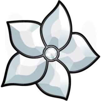 Geometric four-petal flower ornament with a crystal center and faceted blue petals, outlined in black.