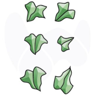 Six stylized green leaves with geometric facets on a white background.