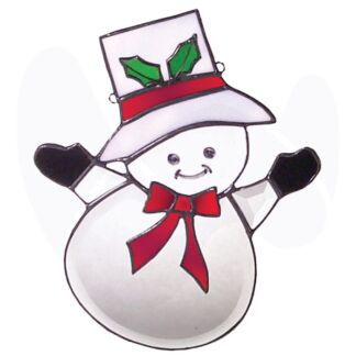 Smiling snowman wearing a top hat with holly, red scarf, and black mittens.