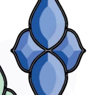 Blue diamond-shaped fleur-de-lis emblem with four faceted gems stacked vertically.