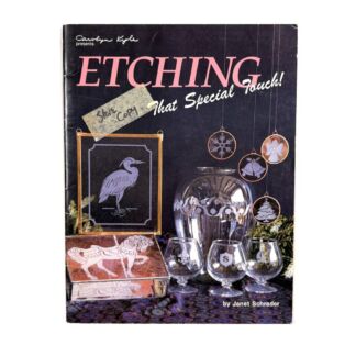 Book cover titled 'Etching That Special Touch!' by Janet Schrader, showing glassware and etching art display.