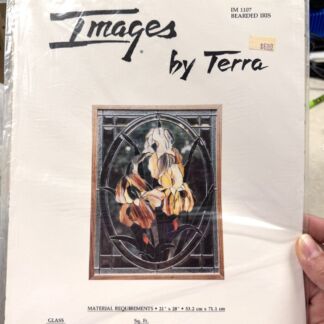 Catalog cover for Images by Terra featuring a stained-glass iris panel framed in wood with a small price tag.