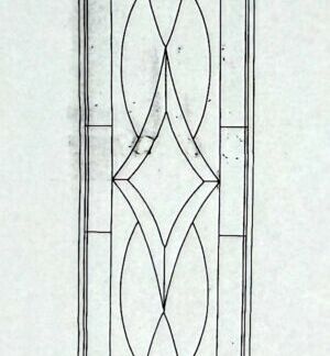 Vertical stained-glass window design featuring interlocking leaf-like shapes and a central almond motif within a bordered frame.