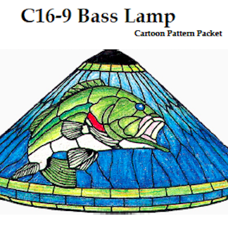 Stained-glass lamp shade in the shape of a bass fish on a conical, blue-lamented lampshade pattern cover titled 'C16-9 Bass Lamp'.