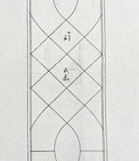 Tall rectangular window design with alternating diamonds and circular arcs in stacked panels within a border.