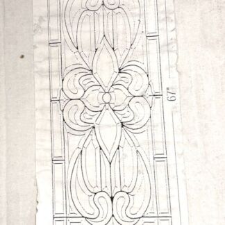 Vertical ornamental glass panel with a symmetrical floral pattern and framed border; about 21.5 in wide by 69 in tall.
