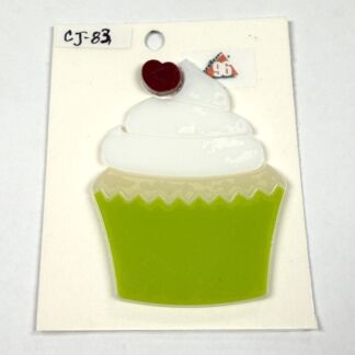 Green cupcake illustration: bright lime wrapper with white swirled frosting and a small red heart on top, mounted on a white card header labeled CJ-83.