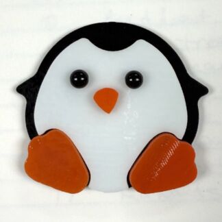 Cute cartoon penguin with a white belly, black head and wings, orange beak and feet on a white background.