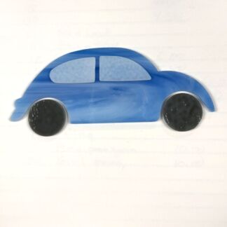 Blue toy car with rounded body and black wheels on a white background, simplified design for kids.
