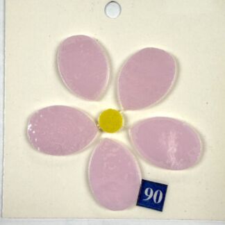 Decorative pink five-petal flower with a yellow center on a light background, plus a blue '90' tag at the bottom-right.