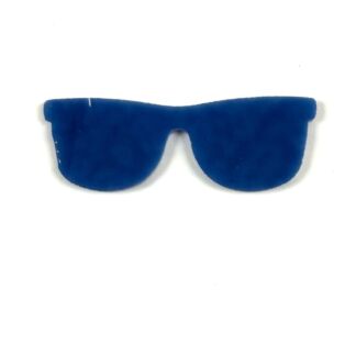 Blue plastic sunglasses laid flat with no lenses, over white background.