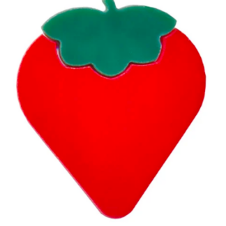 Red strawberry-shaped object with a green leafy top on a white background