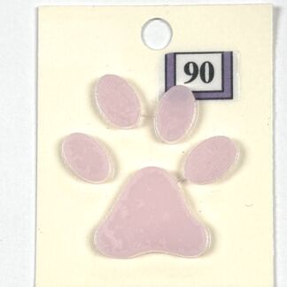 Pink paw print cutout on a cream tag/card, with a small '90' label in the corner.