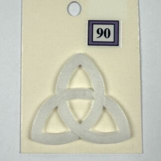 Cream tag featuring a white Celtic triquetra knot and a small purple-framed label reading 90.