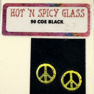 Label for Hot N Spicy Glass 90 COE Black above a black panel with two gold peace symbols
