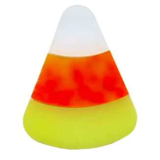 Candy corn cone with white top, orange middle, and yellow base (conical candy).