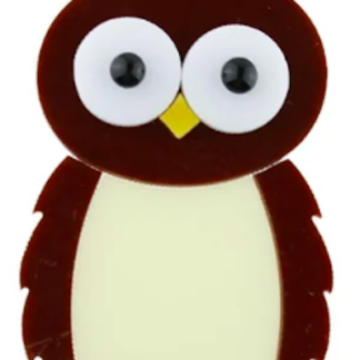 Cartoon owl with brown body, cream belly, large googly eyes, and a yellow beak standing upright.