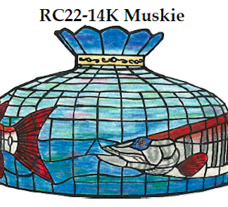 Stained-glass style illustration of a blue, grid-patterned fish bottle labeled RC22-14K Muskie, showing a muskie swimming inside a netted container with a crown-like top.