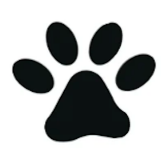 Black paw print silhouette on a white background, used as a pet or animal icon/brand mark