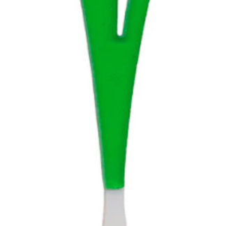 Green Y-shaped kitchen spoon with a white rounded bowl at the bottom, resembling a leek.