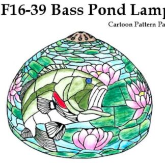 Cartoon stained-glass style illustration of a bass fish swimming among lily pads and pink water lilies inside a round pond design, titled 'GF16-39 Bass Pond Lamp'.